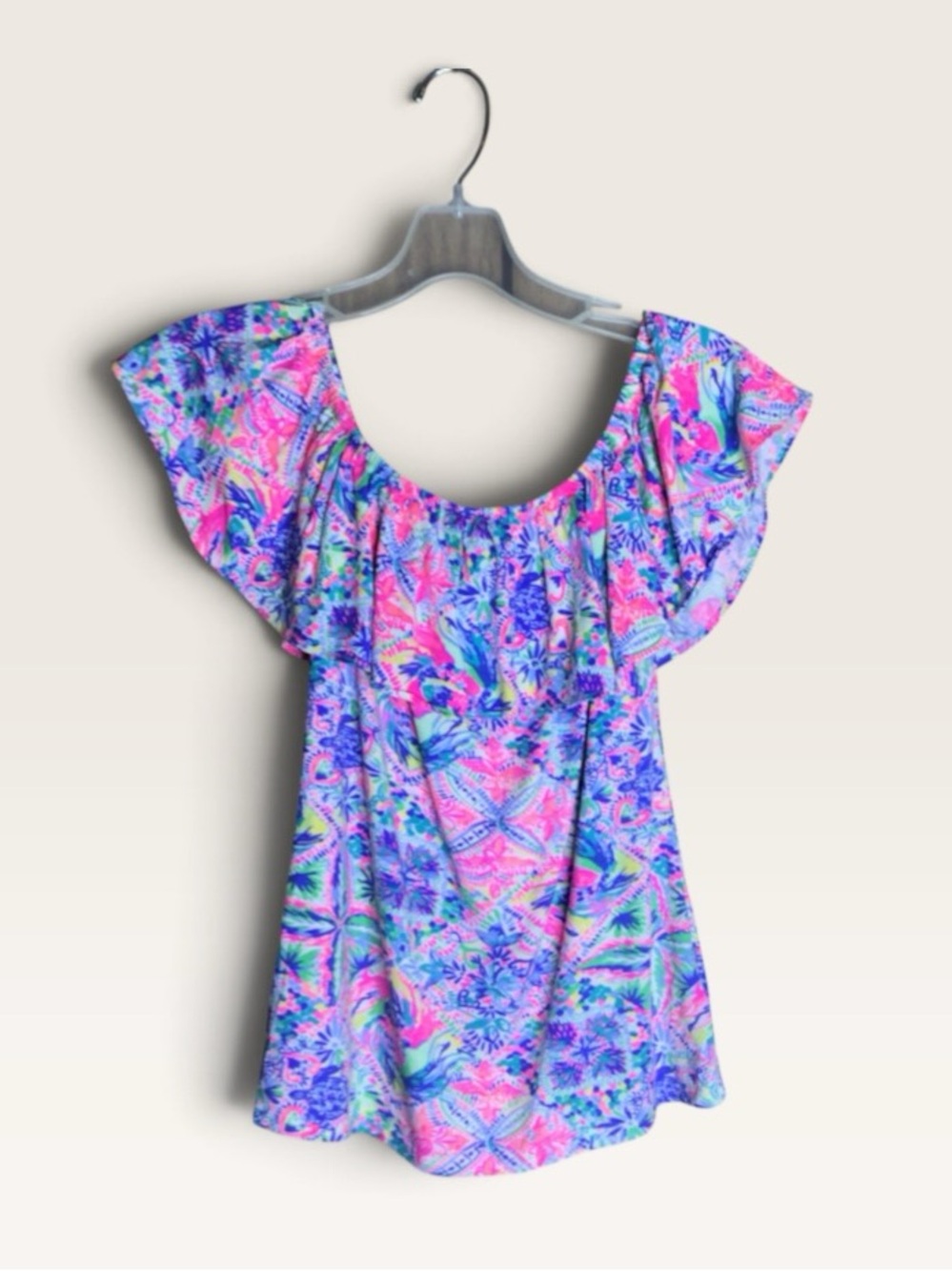 Lilly Pulitzer XXS Pink Blue Tropical Print Ruffle Neck Top Pima Cotton